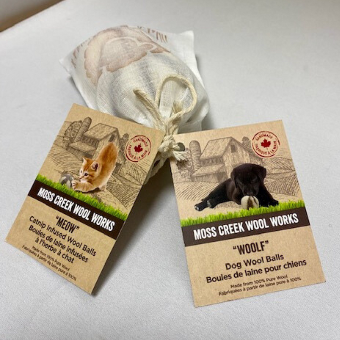 Moss Creek "Meow" Catnip Infused Wool Balls - 6-Pack, 2 Balls in Each Cotton Pouch
