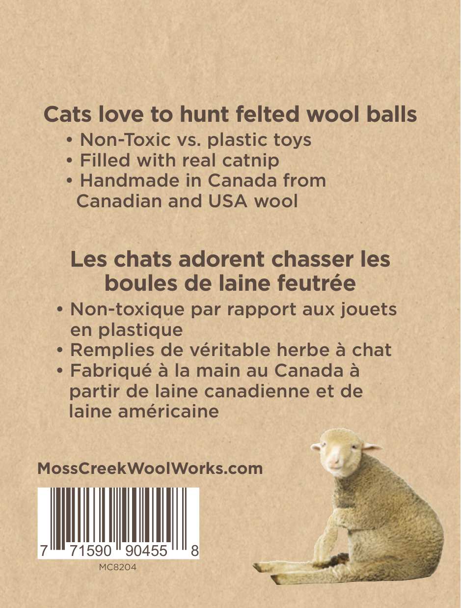 Moss Creek "Meow" Catnip Infused Wool Balls - 6-Pack, 2 Balls in Each Cotton Pouch