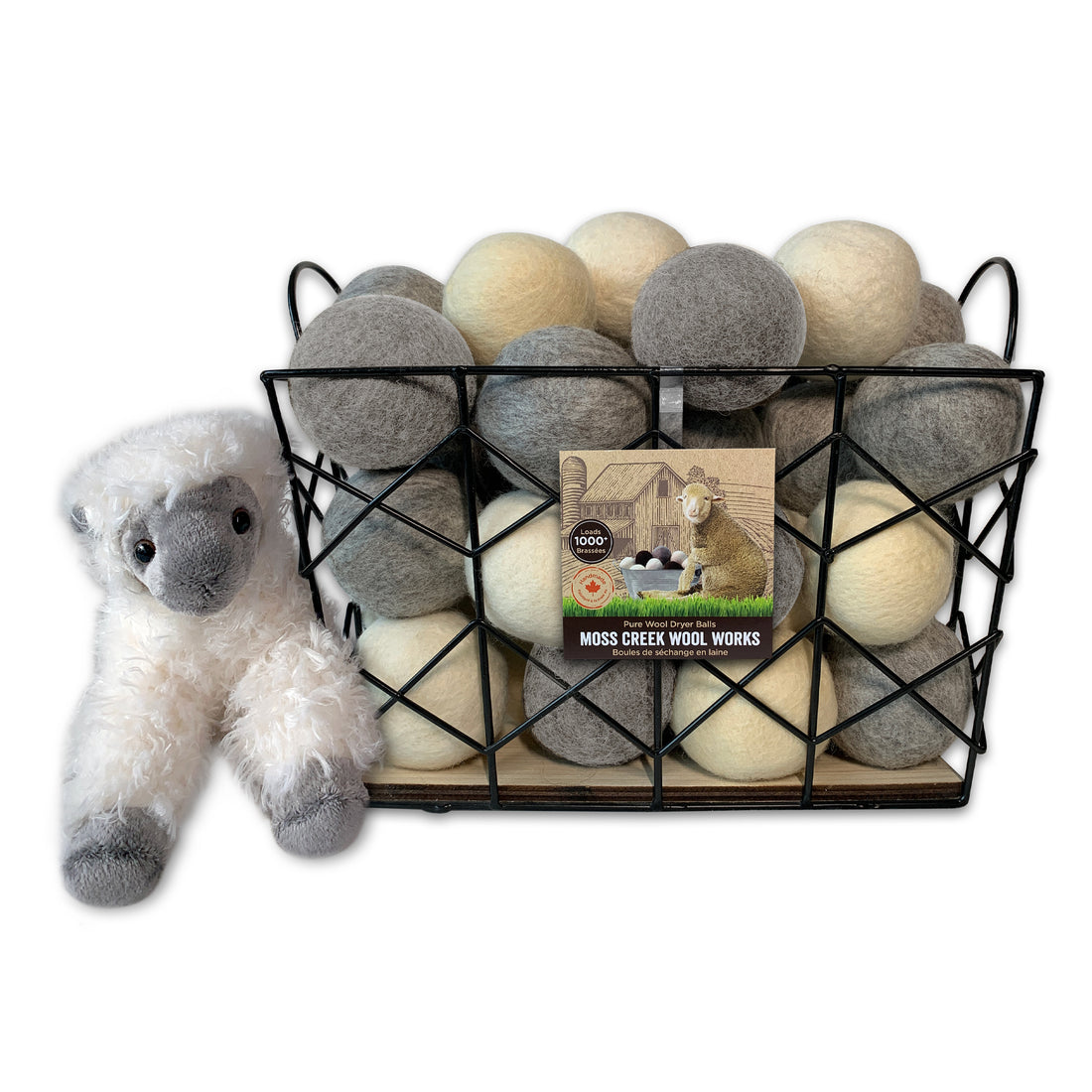 Moss Creek Starter Set - 75 Wool Dryer Balls with Wire Basket & Lamb