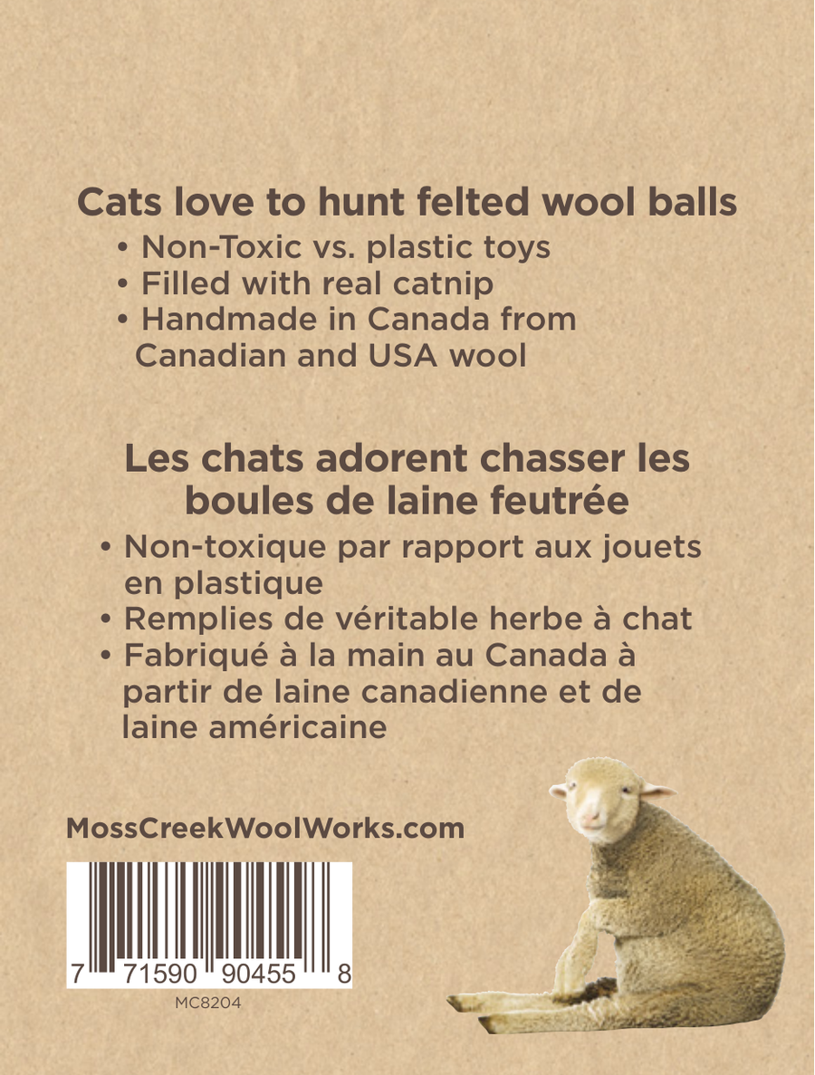 "Meow" Catnip Infused Wool Balls - 6-Pack, 2 Balls in Each Cotton Pouch