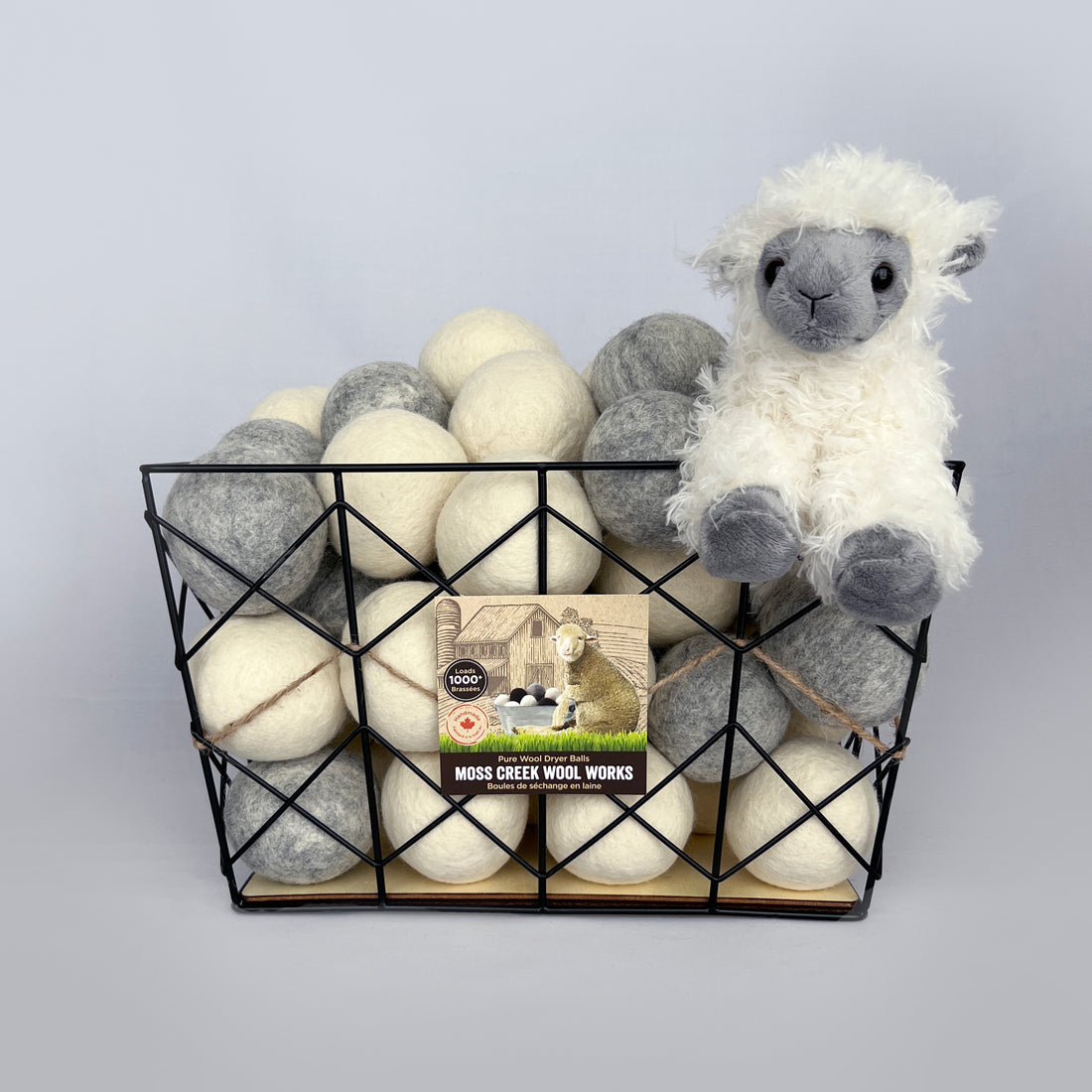 Moss Creek Starter Set - 75 Wool Dryer Balls with Wire Basket & Lamb